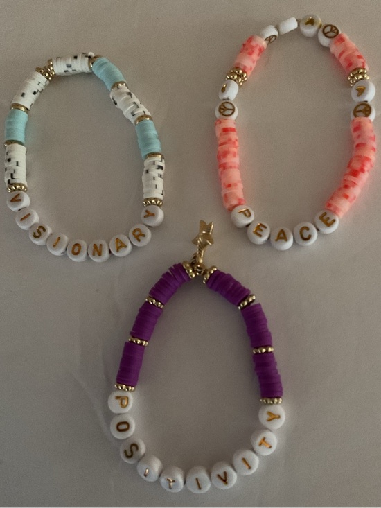 Handmade Jewelry - Positive Message Beaded Bracelet Set  of 3 Purple, Coral & Mint Accents